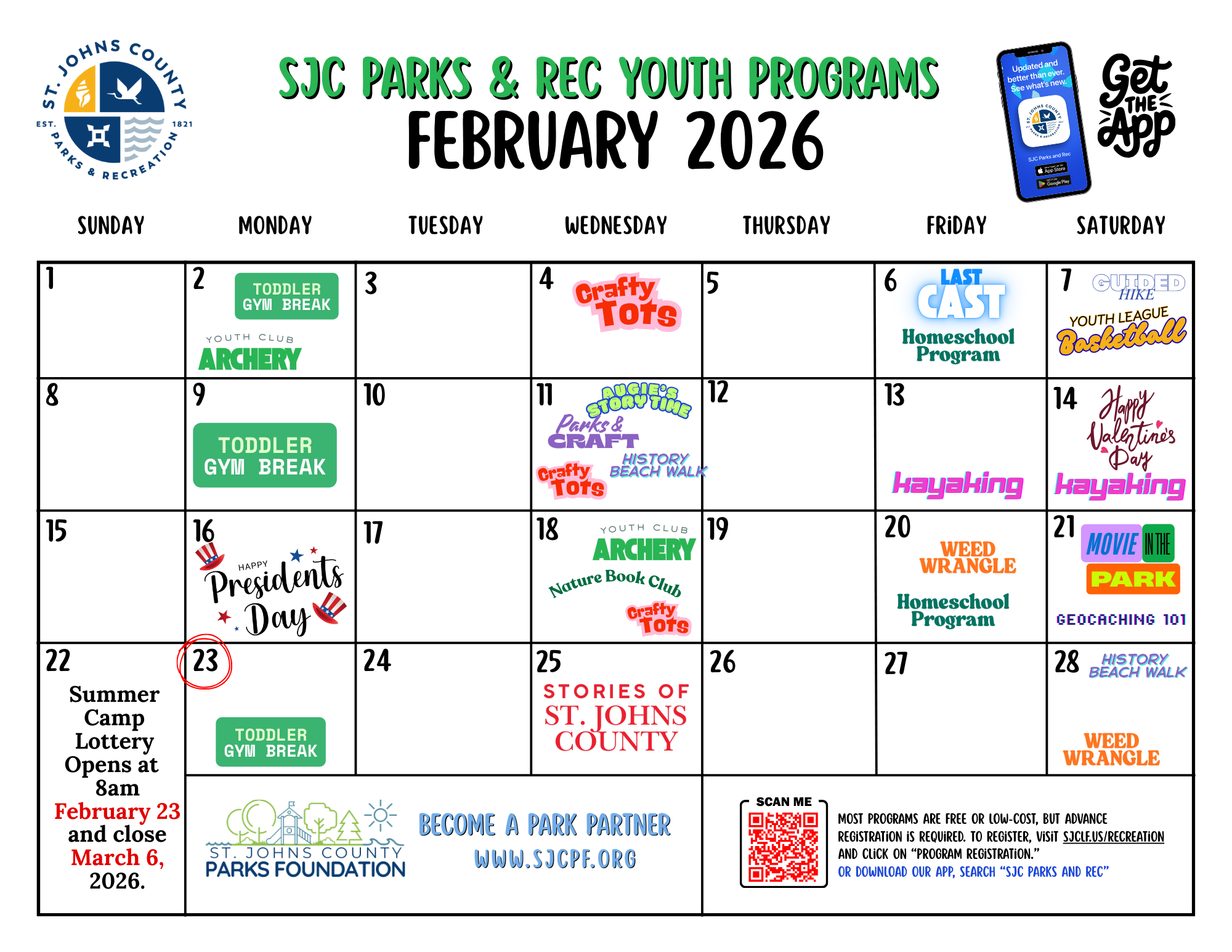calendars sjc parks & rec programs – feb 2026 youth – St. Johns County